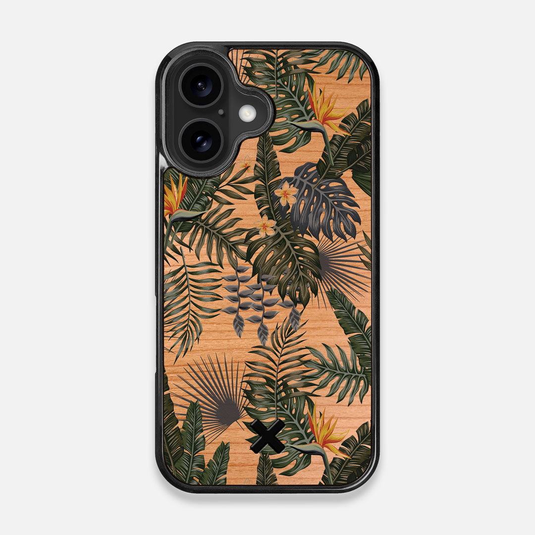 Front view of the Floral tropical leaf printed Cherry Wood iPhone 16 MagSafe Case by Keyway Designs