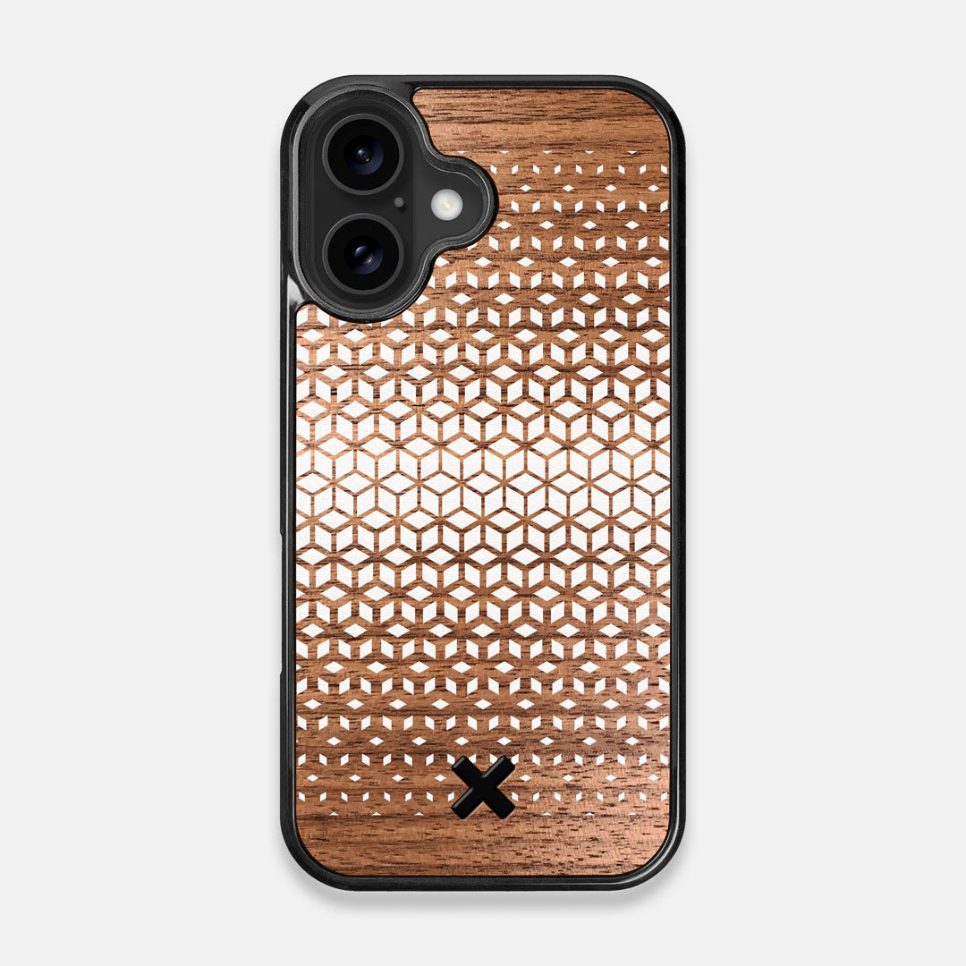 Front view of the white ink geometric gradient printed on Walnut wood iPhone 16 MagSafe Case by Keyway Designs