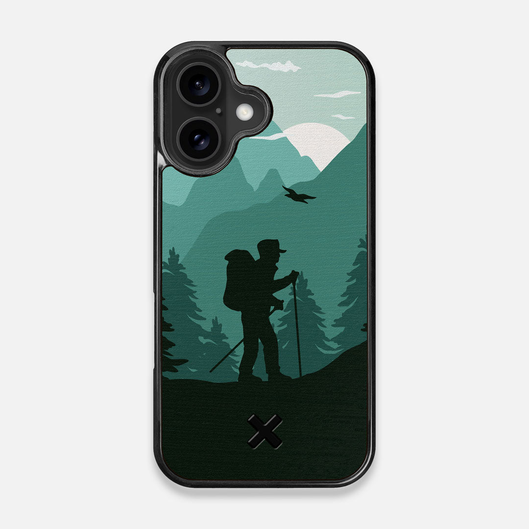 Front view of the stylized mountain hiker print on Wenge wood iPhone 16 MagSafe Case by Keyway Designs