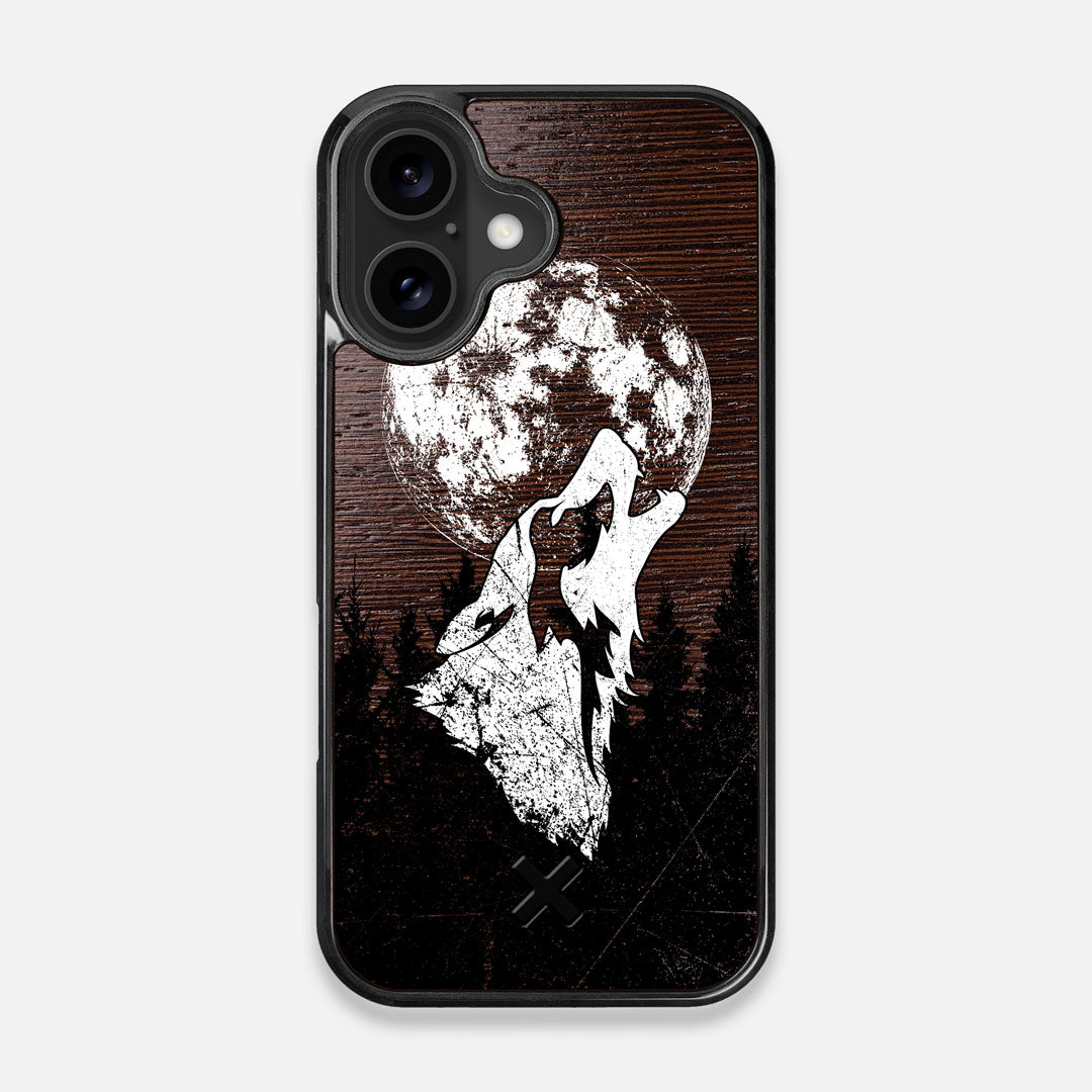 Front view of the high-contrast howling wolf on a full moon printed on a Wenge Wood iPhone 16 MagSafe Case by Keyway Designs