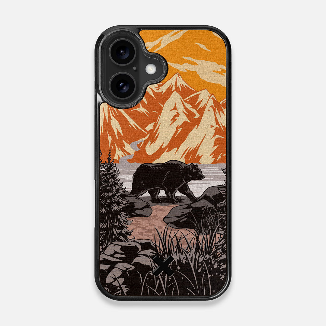 Front view of the stylized Kodiak bear in the mountains print on Wenge wood iPhone 16 MagSafe Case by Keyway Designs