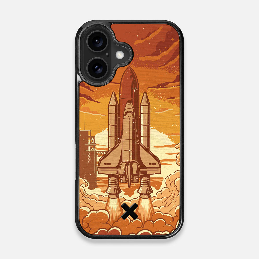 Front view of the vibrant stylized space shuttle launch print on Wenge wood iPhone 16 MagSafe Case by Keyway Designs