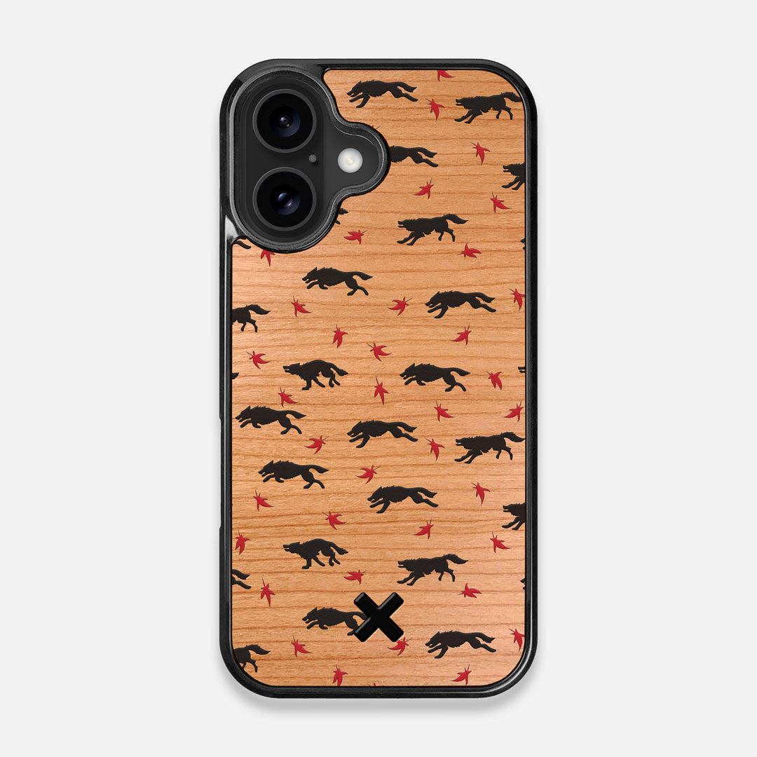 Front view of the unique pattern of wolves and Maple leaves printed on Cherry wood iPhone 16 MagSafe Case by Keyway Designs