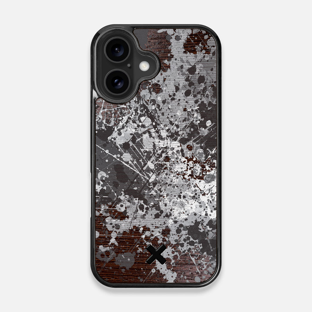 Front view of the aggressive, monochromatic splatter pattern overprintedprinted Wenge Wood iPhone 16 MagSafe Case by Keyway Designs