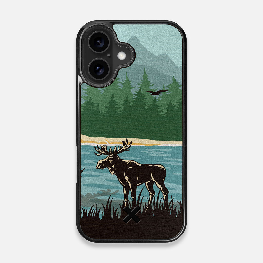 Front view of the stylized bull moose forest print on Wenge wood iPhone 16 MagSafe Case by Keyway Designs