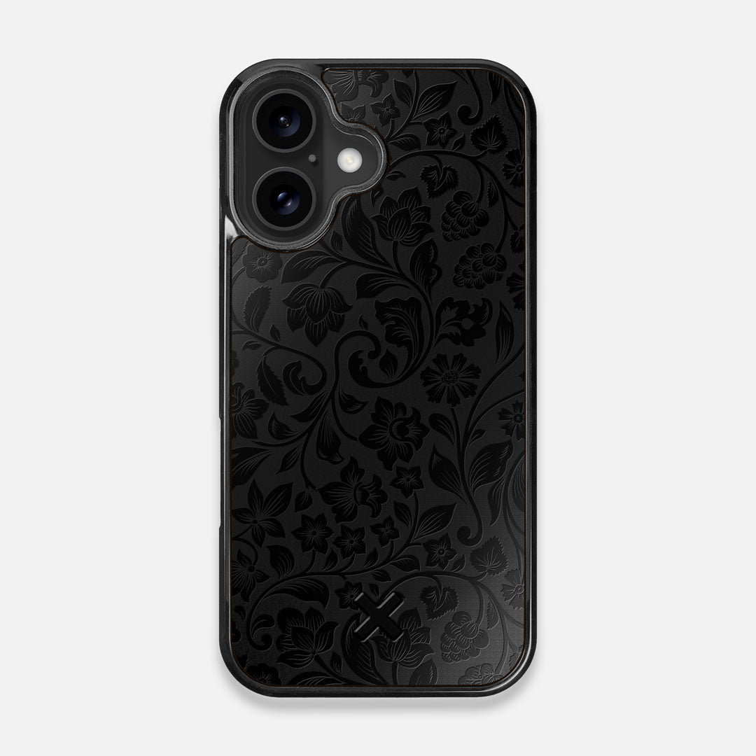 Front view of the highly detailed midnight floral engraving on matte black impact acrylic iPhone 16 MagSafe Case by Keyway Designs