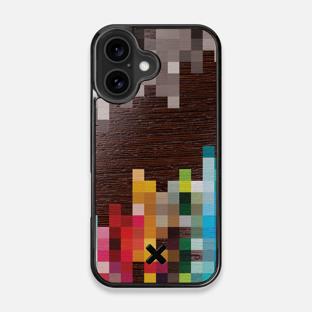 Front view of the digital art inspired pixelation design on Wenge wood iPhone 16 MagSafe Case by Keyway Designs