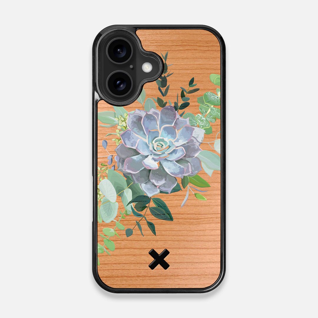 Front view of the print centering around a succulent, Echeveria Pollux on Cherry wood iPhone 16 MagSafe Case by Keyway Designs