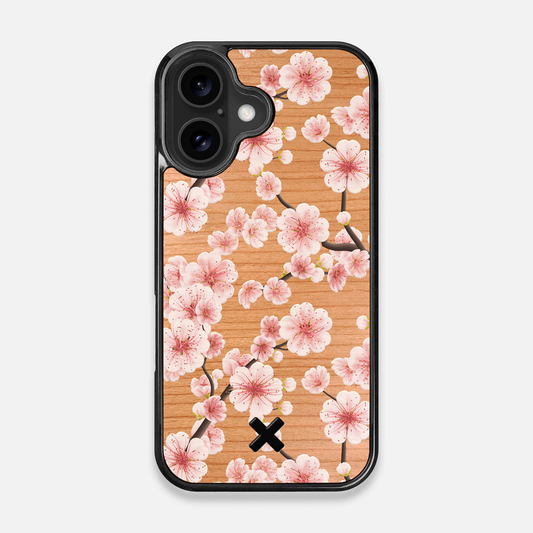 Front view of the Sakura Printed Cherry-blossom Cherry Wood iPhone 16 MagSafe Case by Keyway Designs