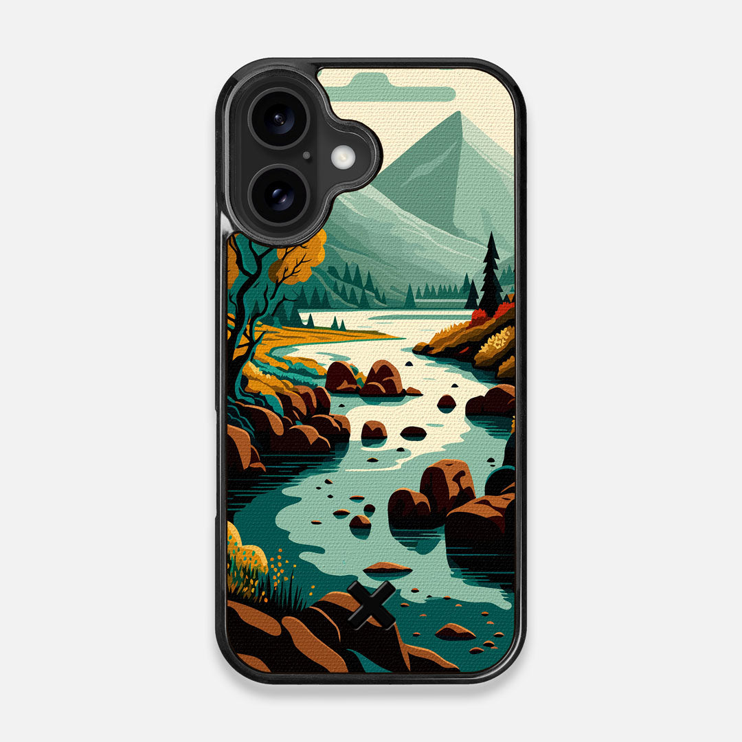 Front view of the stylized calm river flowing towards a lake at the base of the mountains printed to cotton canvas iPhone 16 MagSafe Case by Keyway Designs