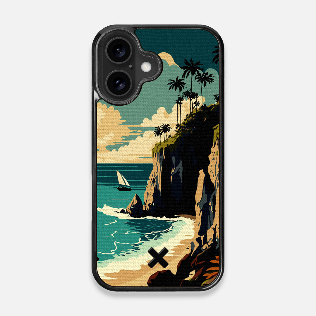 Front view of the stylized seaside bluff with the ocean waves crashing on the shore printed on cotton canvas iPhone 16 MagSafe Case by Keyway Designs