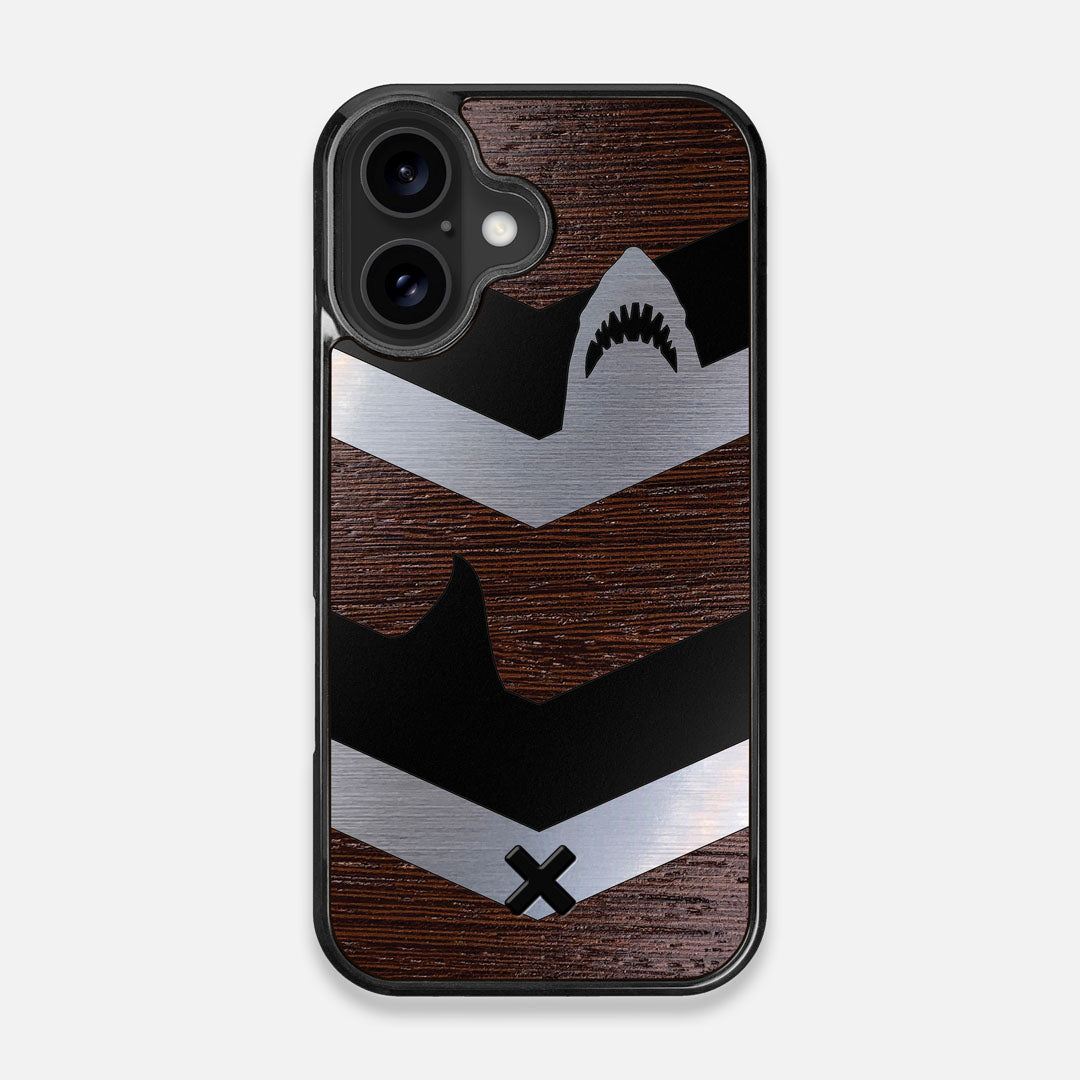 Front view of the Shark Chevron Dark By Parker Barrow Wenge Wood iPhone 16 MagSafe Case by Keyway Designs