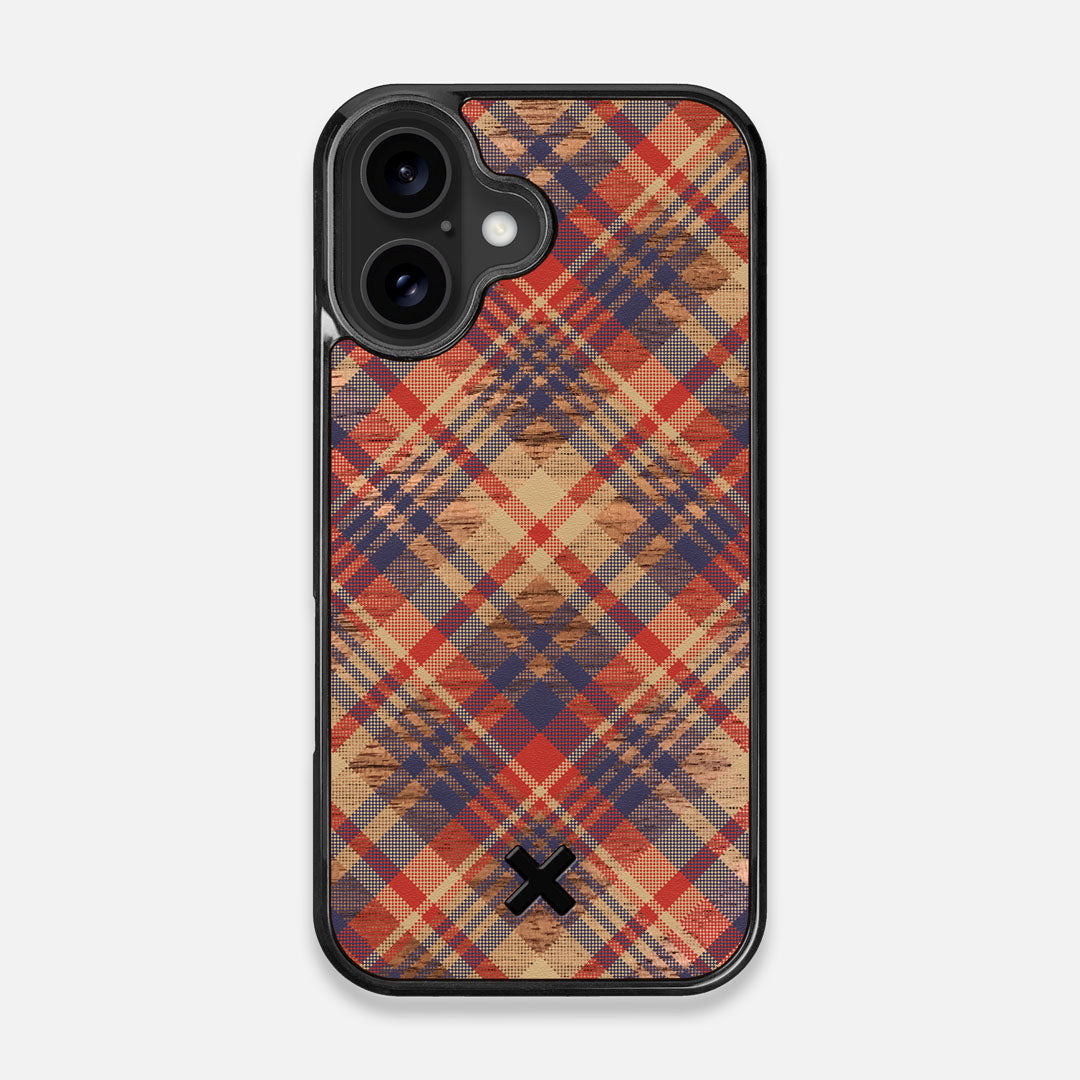 Front view of the Tartan print of beige, blue, and red on Walnut wood iPhone 16 MagSafe Case by Keyway Designs