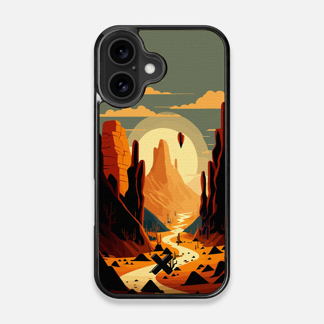 Front view of the stylized thin river cutting deep through a canyon sunset printed on cotton canvas iPhone 16 MagSafe Case by Keyway Designs