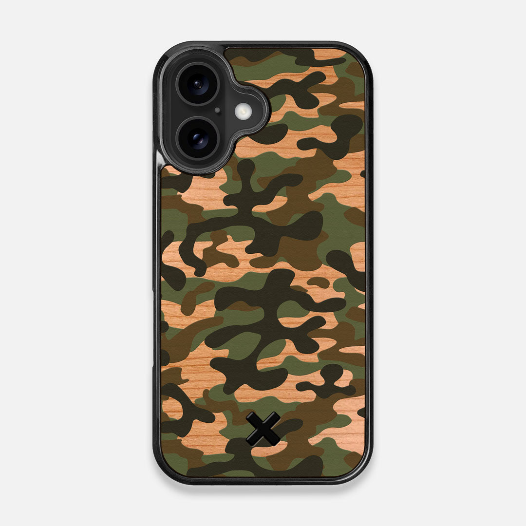 Front view of the stealth Paratrooper camo printed Wenge Wood iPhone 16 MagSafe Case by Keyway Designs