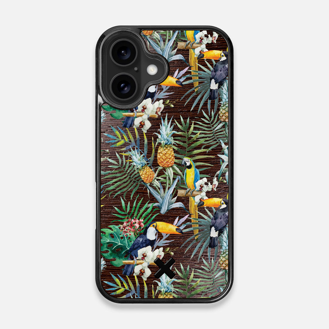 Front view of the Tropic Toucan and leaf printed Wenge Wood iPhone 16 MagSafe Case by Keyway Designs