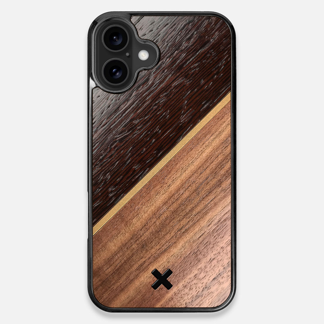 Front view of the Alium Walnut, Gold, and Wenge Elegant Wood iPhone 16 Plus MagSafe Case by Keyway Designs