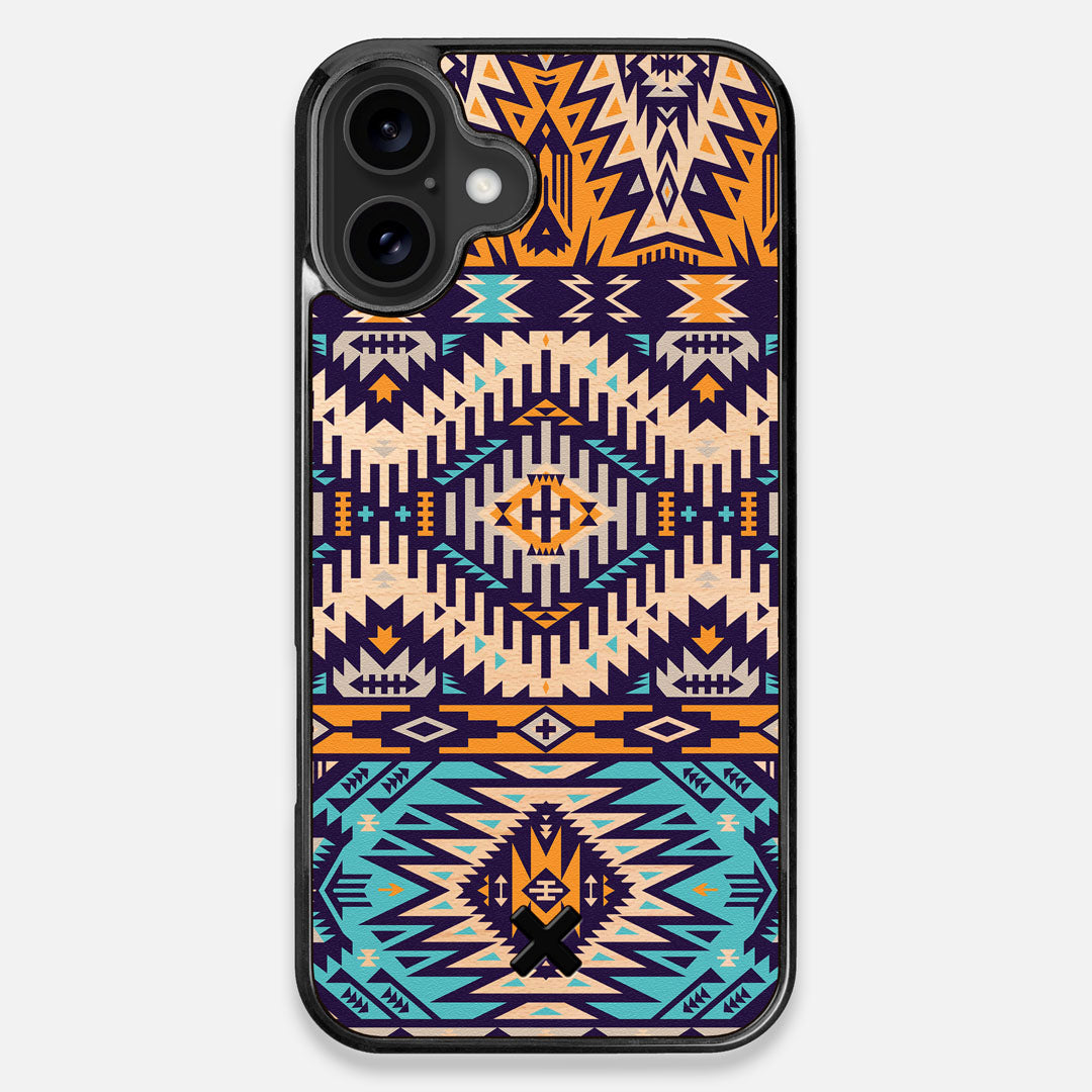 Front view of the vibrant Aztec printed Maple Wood iPhone 16 Plus MagSafe Case by Keyway Designs