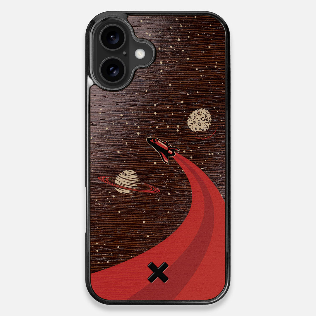 Front view of the stylized space shuttle boosting to saturn printed on Wenge wood iPhone 16 Plus MagSafe Case by Keyway Designs