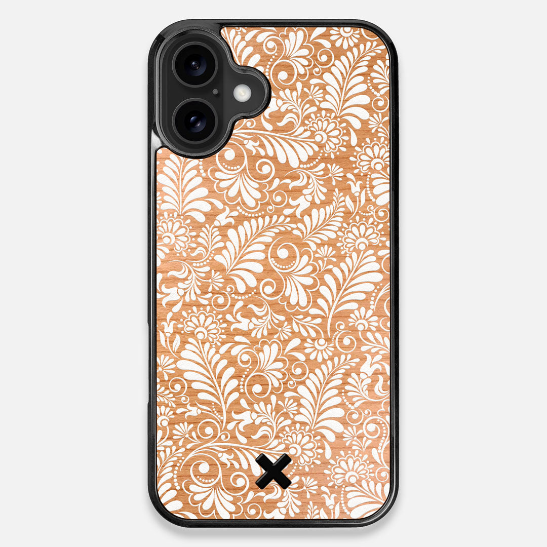 Front view of the white ink flowing botanical print on Cherry wood iPhone 16 Plus MagSafe Case by Keyway Designs