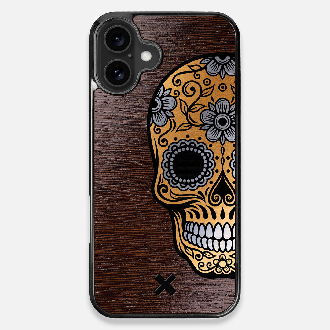 Front view of the Calavera Wood Sugar Skull Wood iPhone 16 Plus MagSafe Case by Keyway Designs