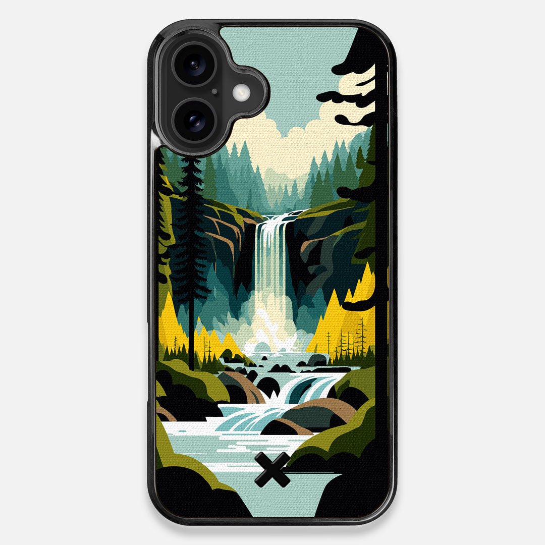 Front view of the stylized peaceful forest waterfall making it's way through the rocks printed to cotton canvas iPhone 16 Plus MagSafe Case by Keyway Designs