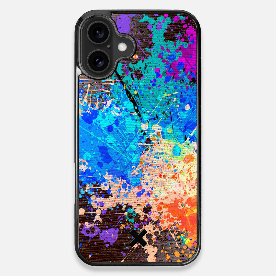 Front view of the realistic paint splatter 'Chroma' printed Wenge Wood iPhone 16 Plus MagSafe Case by Keyway Designs