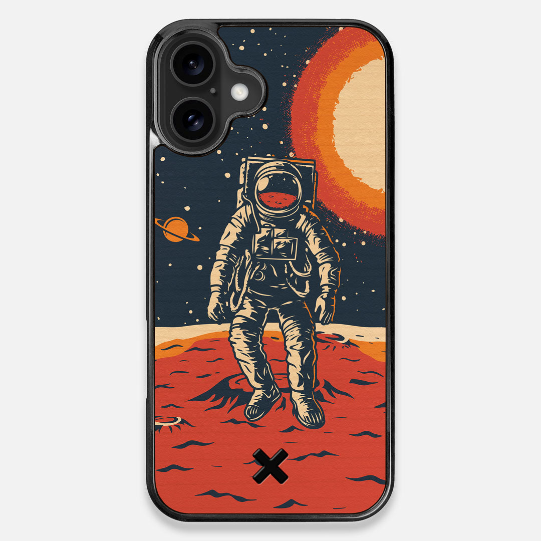 Front view of the stylized astronaut space-walk print on Cherry wood iPhone 16 Plus MagSafe Case by Keyway Designs