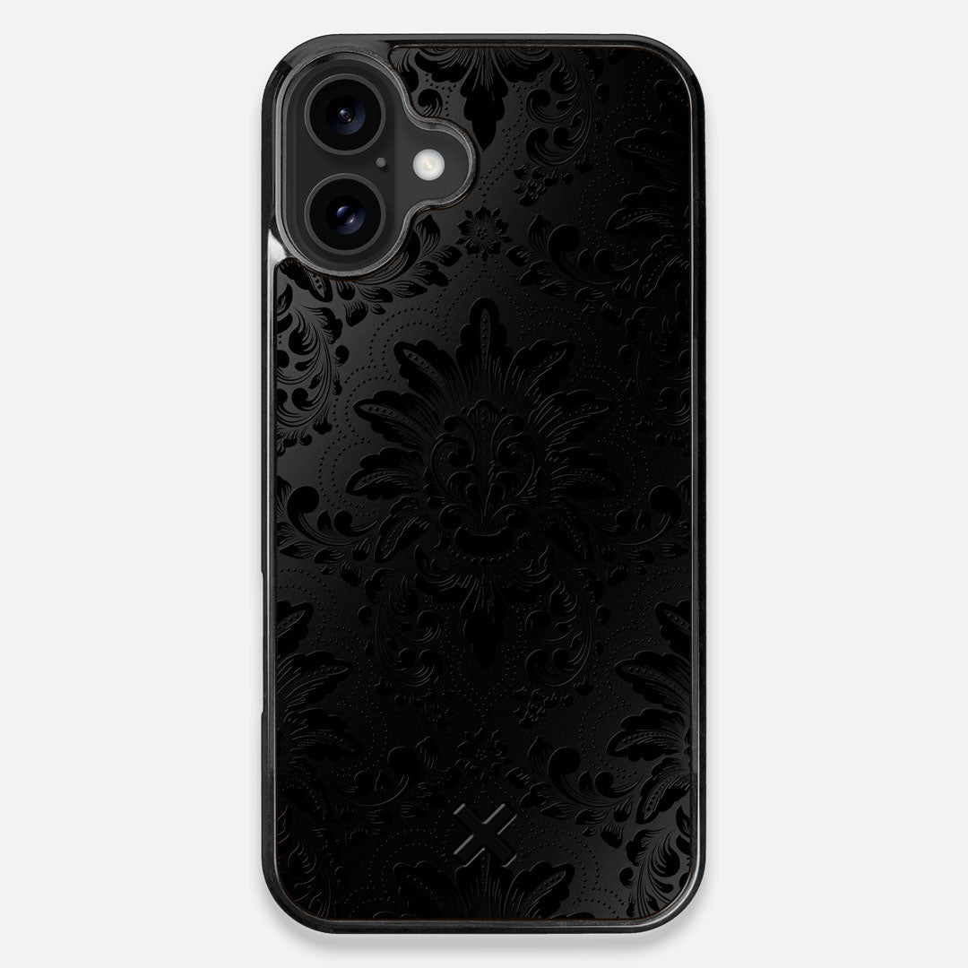 Front view of the detailed gloss Damask pattern printed on matte black impact acrylic iPhone 16 Plus MagSafe Case by Keyway Designs