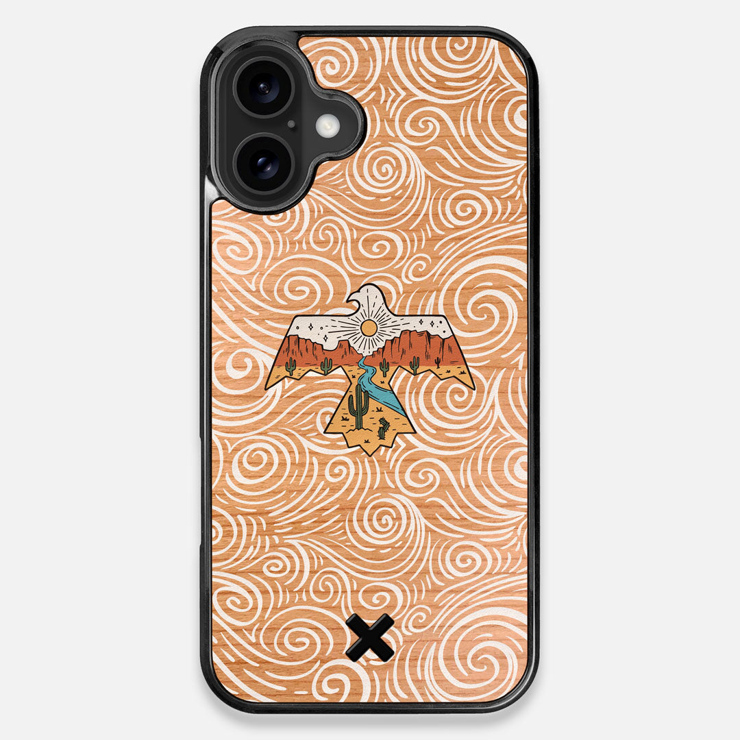 Front view of the double-exposure style eagle over flowing gusts of wind printed on Cherry wood iPhone 16 Plus MagSafe Case by Keyway Designs