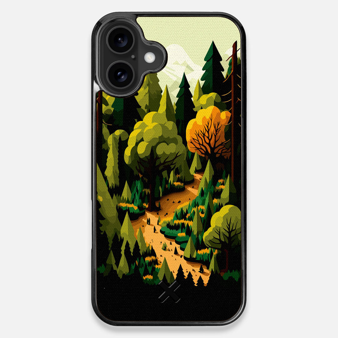 Front view of the stylized quiet forest path making it's way through the evergreen trees printed to cotton canvas iPhone 16 Plus MagSafe Case by Keyway Designs