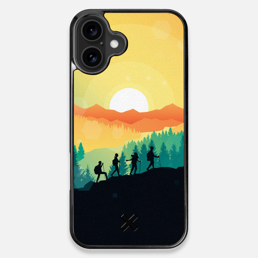 Front view of the stylized group of travellers on an expedition in the mountains printed to cotton canvas iPhone 16 Plus MagSafe Case by Keyway Designs