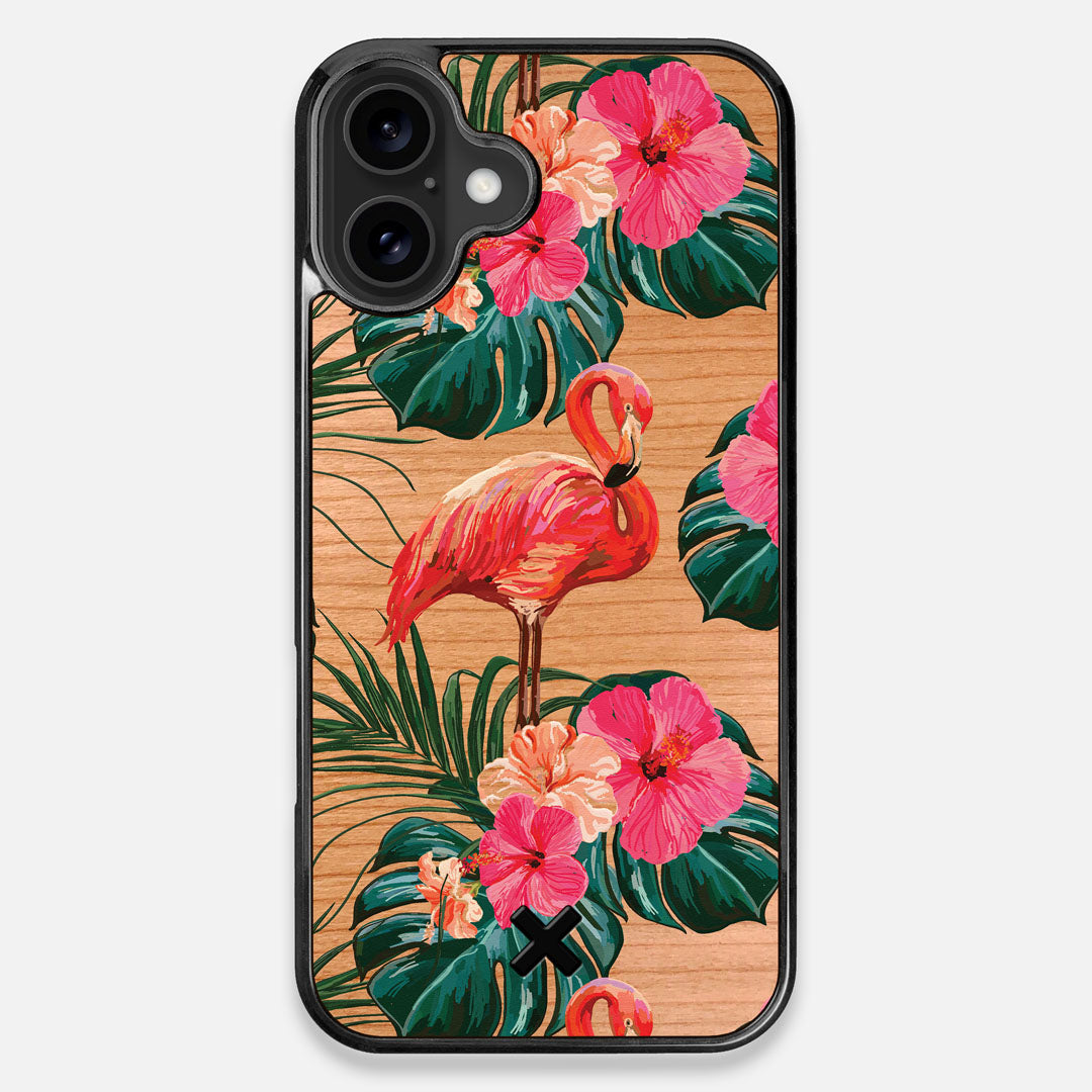 Front view of the Flamingo & Floral printed Cherry Wood iPhone 16 Plus MagSafe Case by Keyway Designs