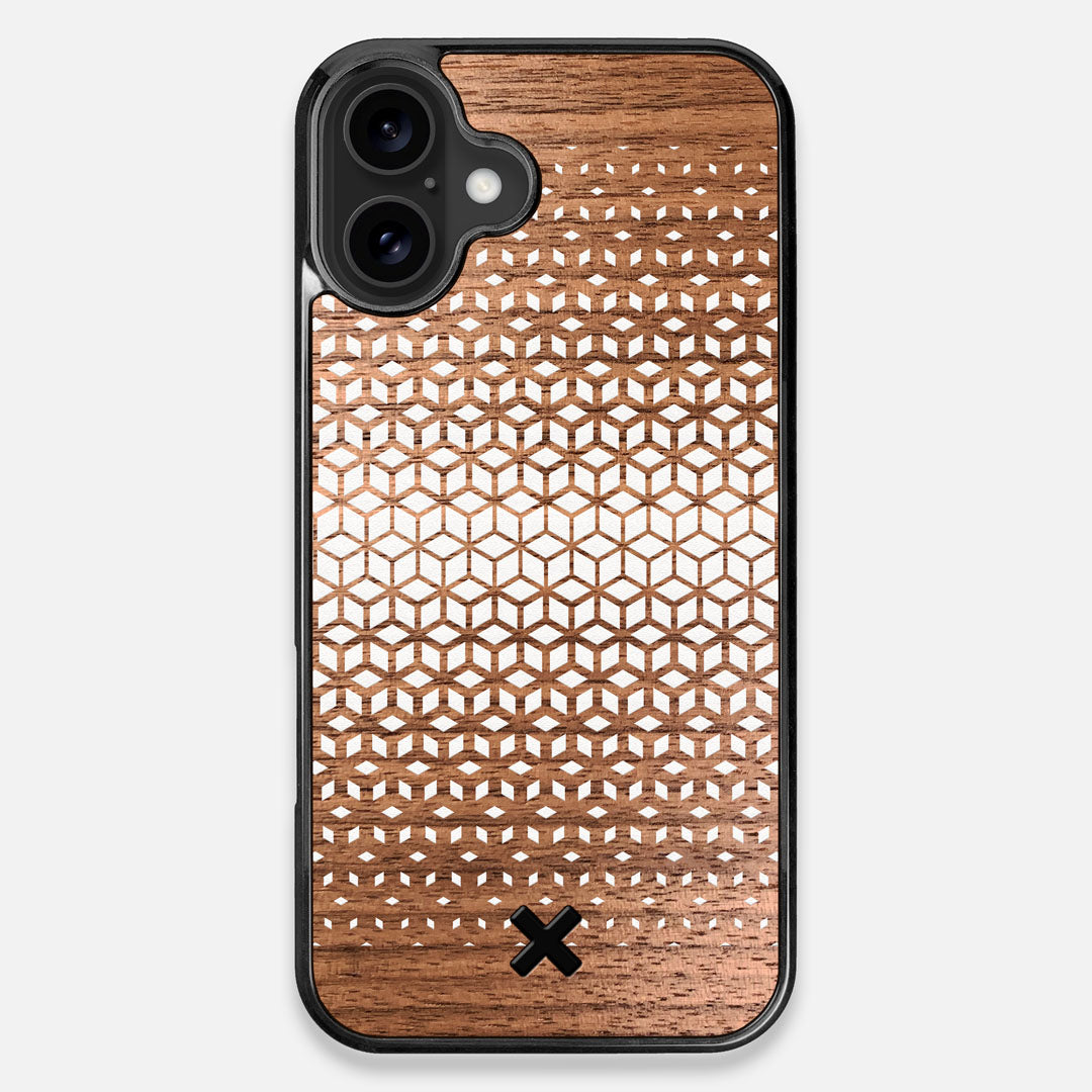 Front view of the white ink geometric gradient printed on Walnut wood iPhone 16 Plus MagSafe Case by Keyway Designs