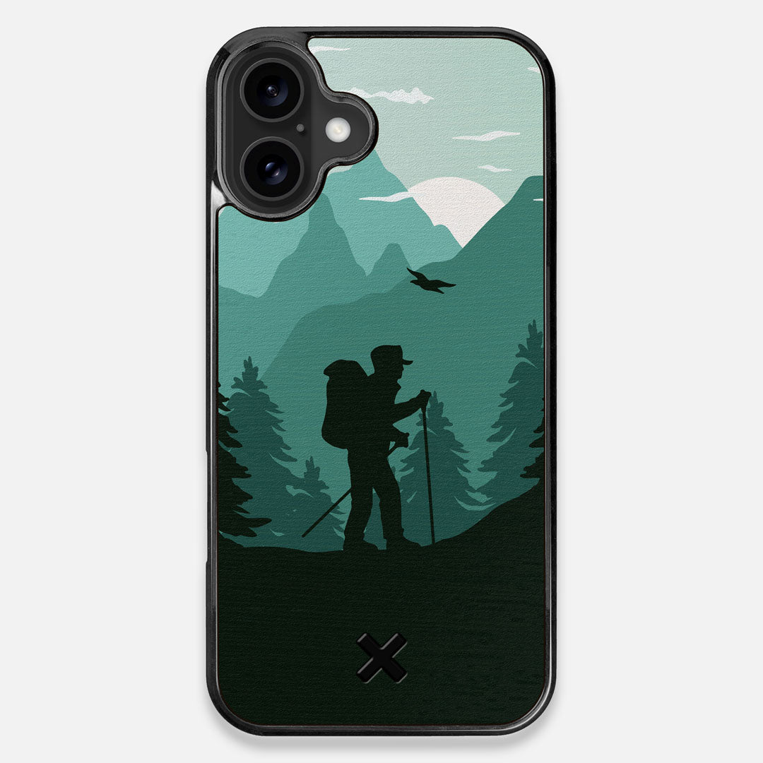 Front view of the stylized mountain hiker print on Wenge wood iPhone 16 Plus MagSafe Case by Keyway Designs