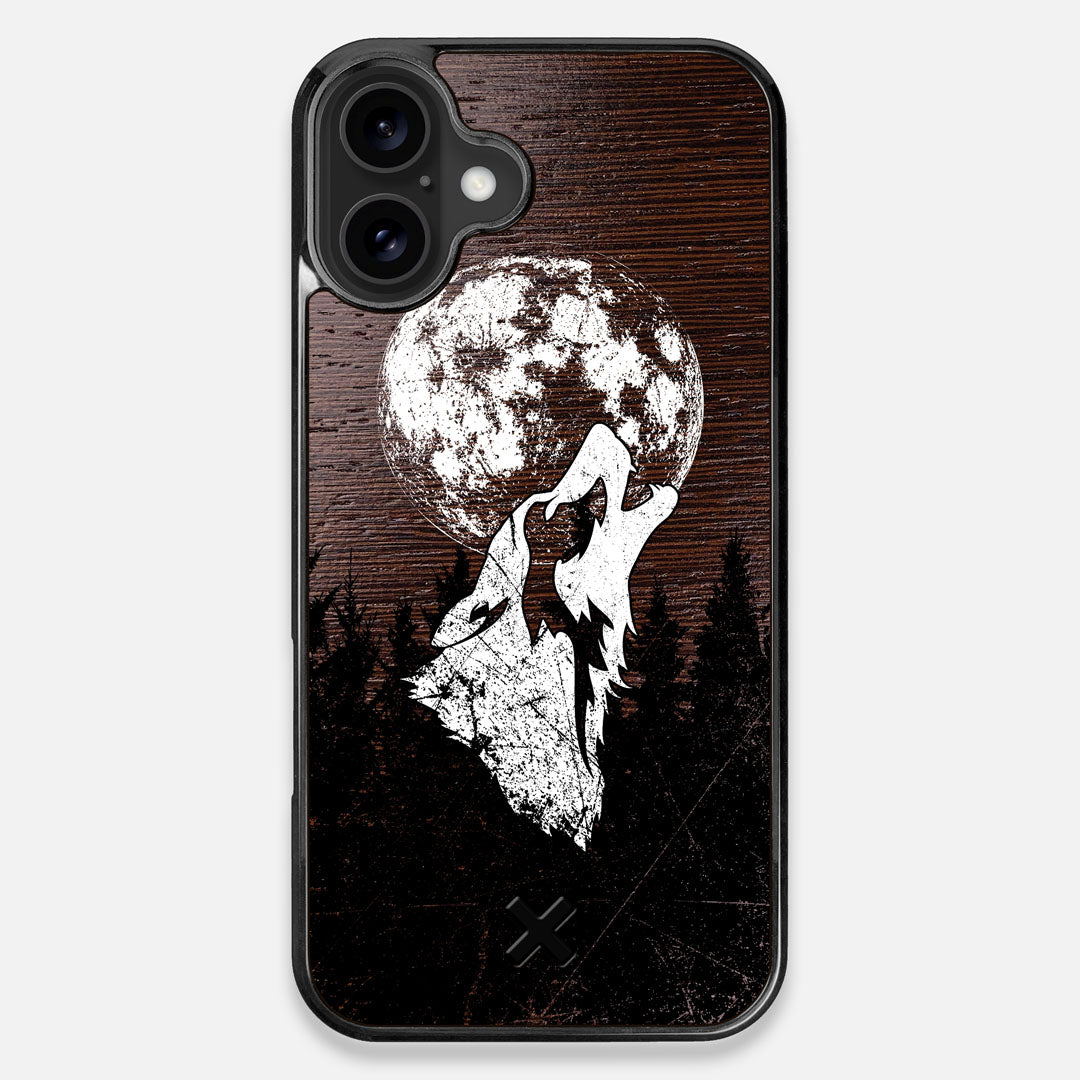 Front view of the high-contrast howling wolf on a full moon printed on a Wenge Wood iPhone 16 Plus MagSafe Case by Keyway Designs