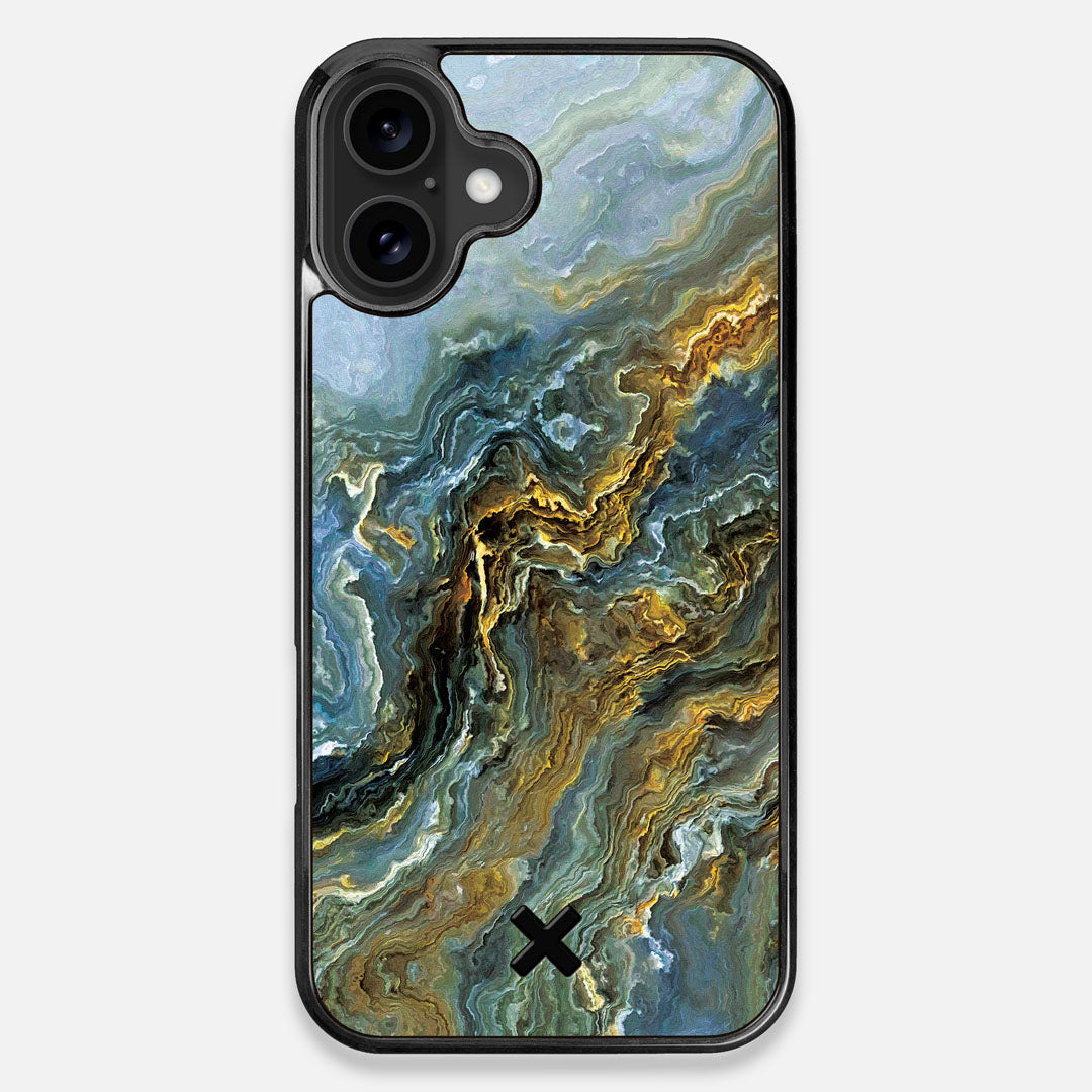 Front view of the vibrant and rich Blue & Gold flowing marble pattern printed Wenge Wood iPhone 16 Plus MagSafe Case by Keyway Designs