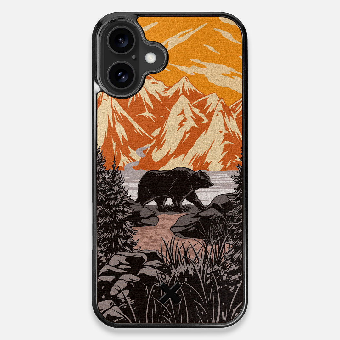 Front view of the stylized Kodiak bear in the mountains print on Wenge wood iPhone 16 Plus MagSafe Case by Keyway Designs