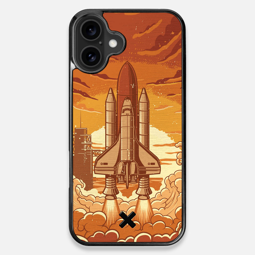 Front view of the vibrant stylized space shuttle launch print on Wenge wood iPhone 16 Plus MagSafe Case by Keyway Designs