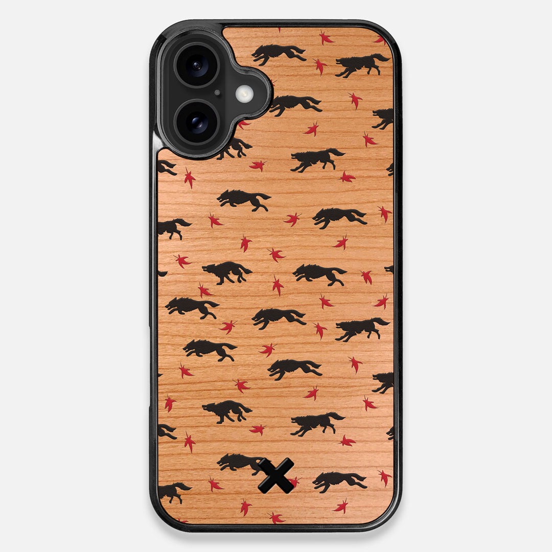 Front view of the unique pattern of wolves and Maple leaves printed on Cherry wood iPhone 16 Plus MagSafe Case by Keyway Designs