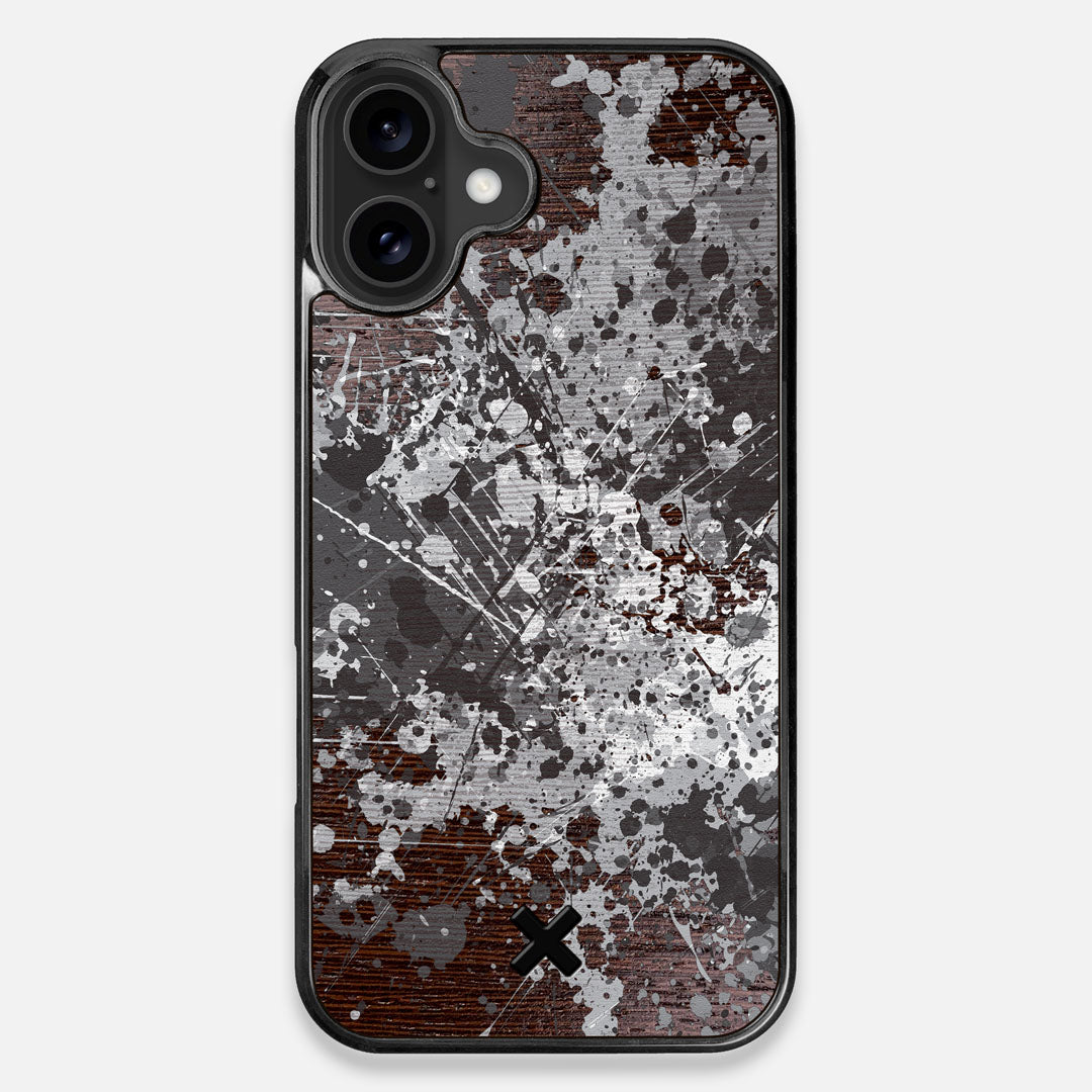 Front view of the aggressive, monochromatic splatter pattern overprintedprinted Wenge Wood iPhone 16 Plus MagSafe Case by Keyway Designs