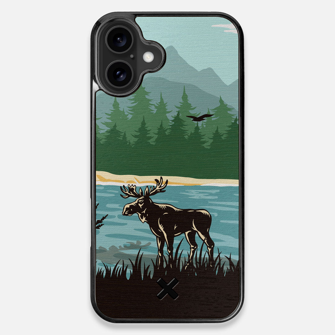 Front view of the stylized bull moose forest print on Wenge wood iPhone 16 Plus MagSafe Case by Keyway Designs