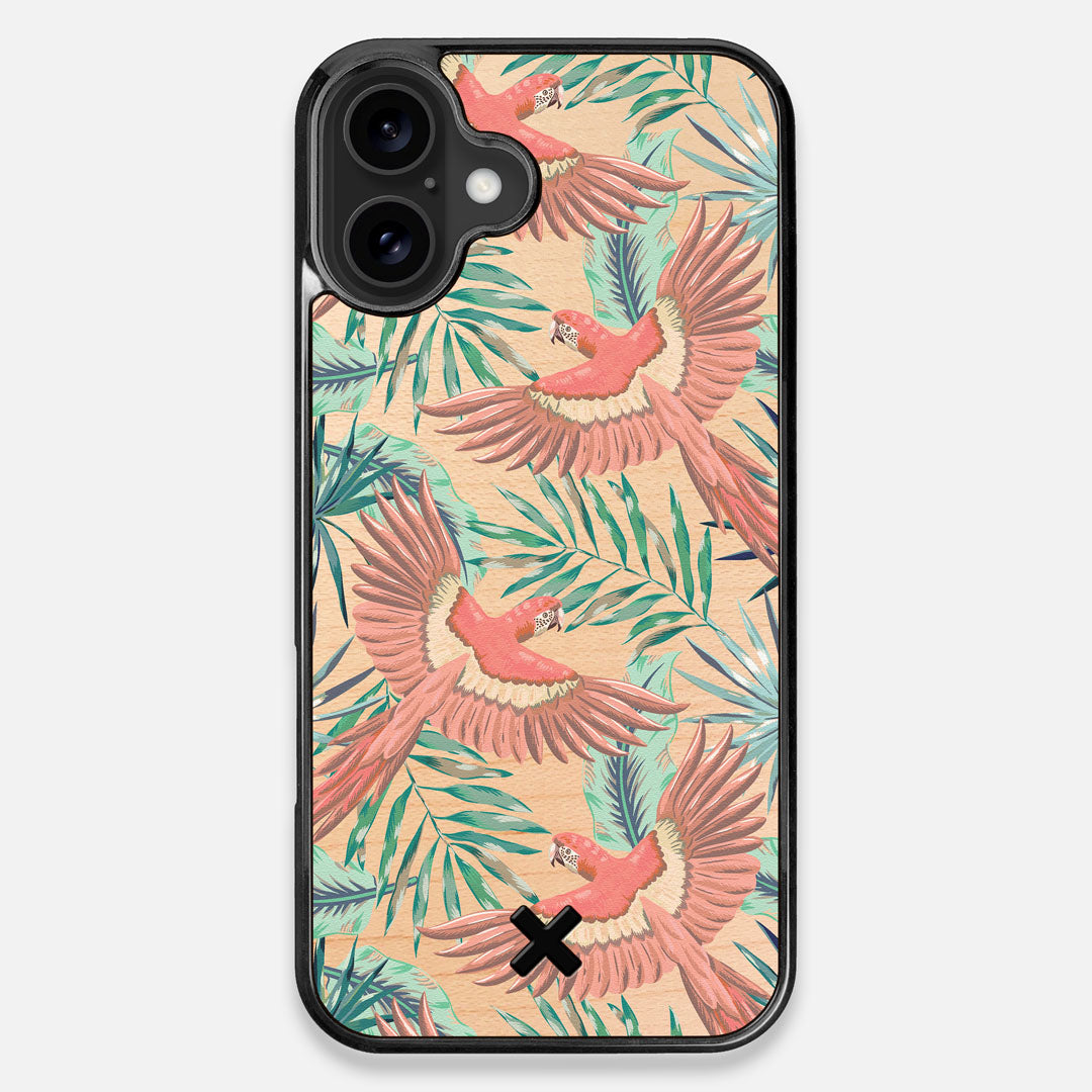 Front view of the Paradise Macaw and Tropical Leaf printed Maple Wood iPhone 16 Plus MagSafe Case by Keyway Designs