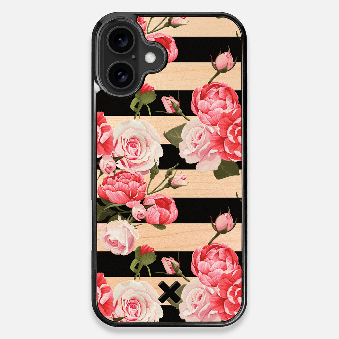 Front view of the artsy print of stripes with peonys and roses on Maple wood iPhone 16 Plus MagSafe Case by Keyway Designs