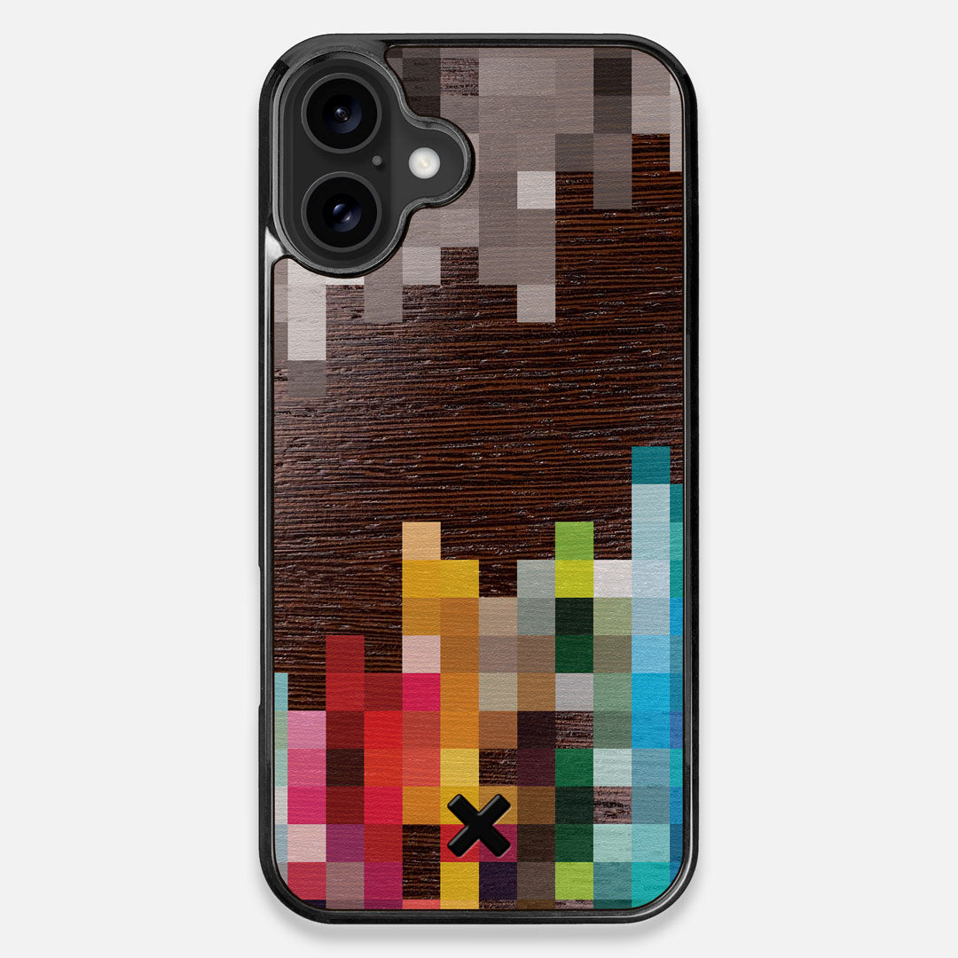 Front view of the digital art inspired pixelation design on Wenge wood iPhone 16 Plus MagSafe Case by Keyway Designs