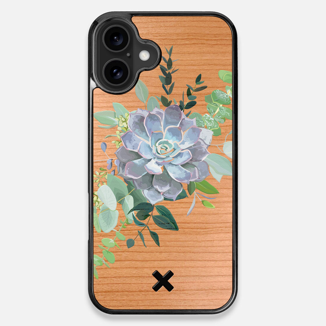 Front view of the print centering around a succulent, Echeveria Pollux on Cherry wood iPhone 16 Plus MagSafe Case by Keyway Designs