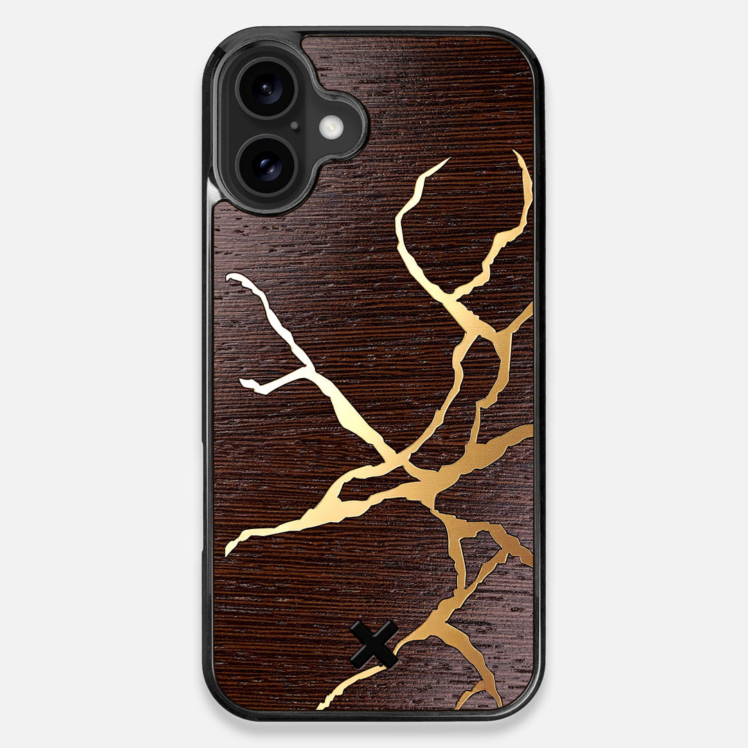 Front view of the Kintsugi inspired Gold and Wenge Wood iPhone 16 Plus MagSafe Case by Keyway Designs