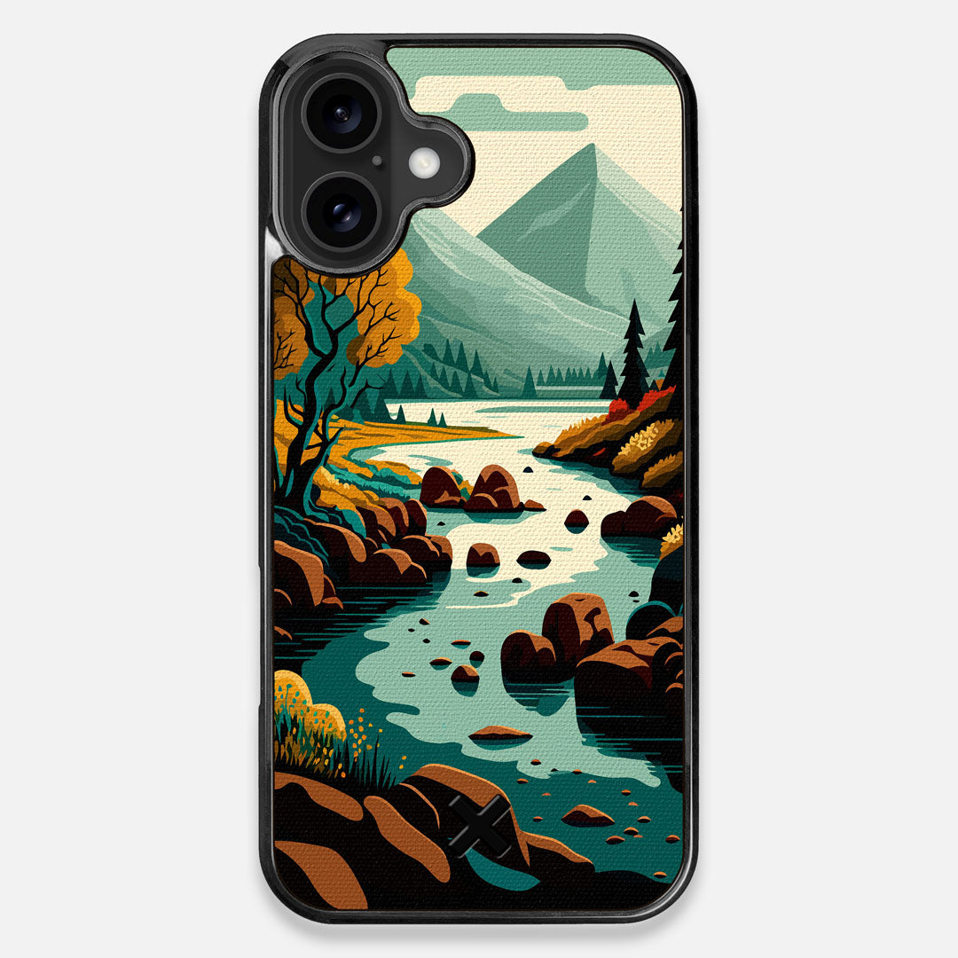 Front view of the stylized calm river flowing towards a lake at the base of the mountains printed to cotton canvas iPhone 16 Plus MagSafe Case by Keyway Designs