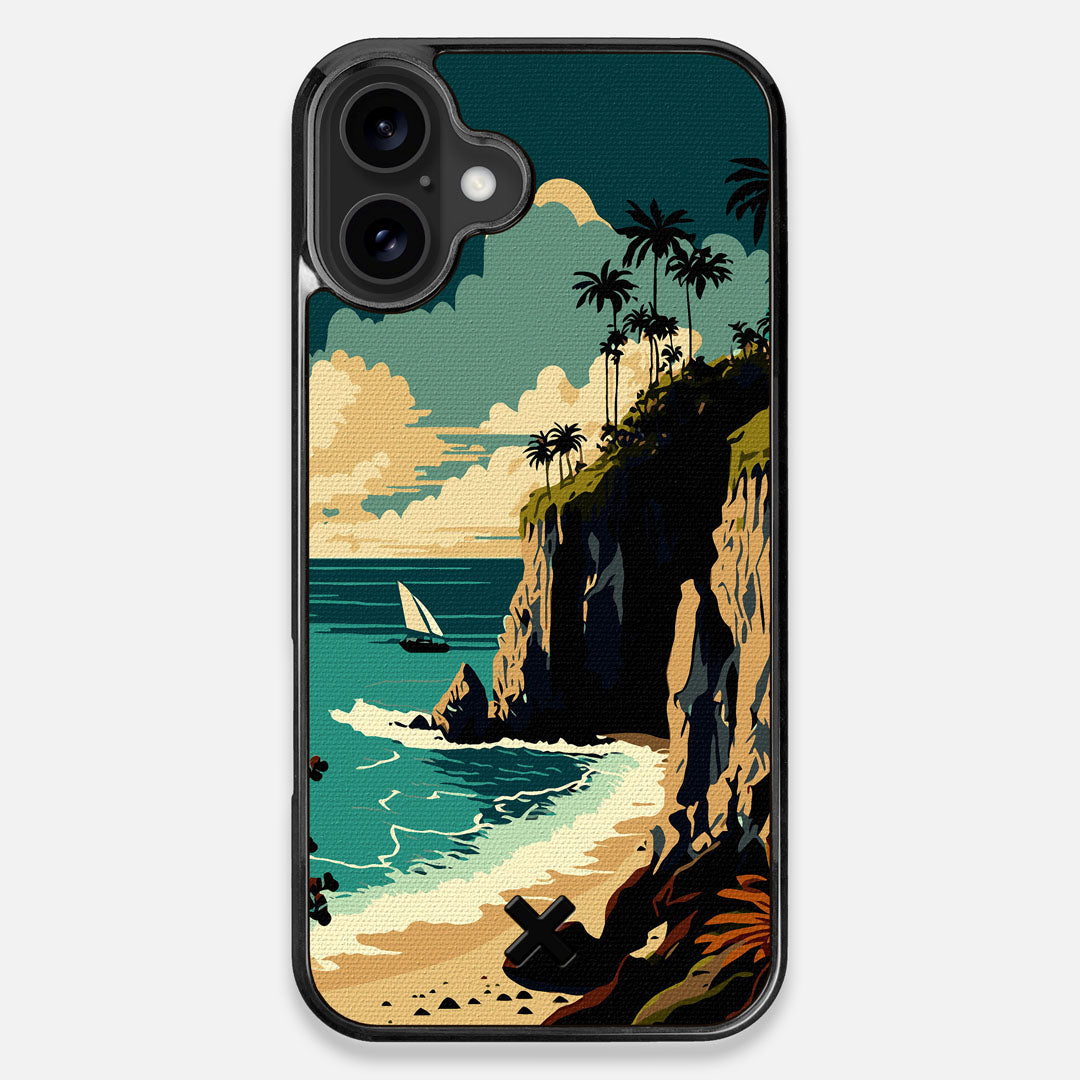 Front view of the stylized seaside bluff with the ocean waves crashing on the shore printed on cotton canvas iPhone 16 Plus MagSafe Case by Keyway Designs