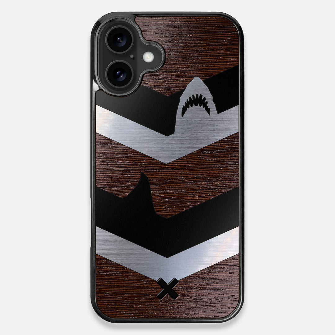 Front view of the Shark Chevron Dark By Parker Barrow Wenge Wood iPhone 16 Plus MagSafe Case by Keyway Designs